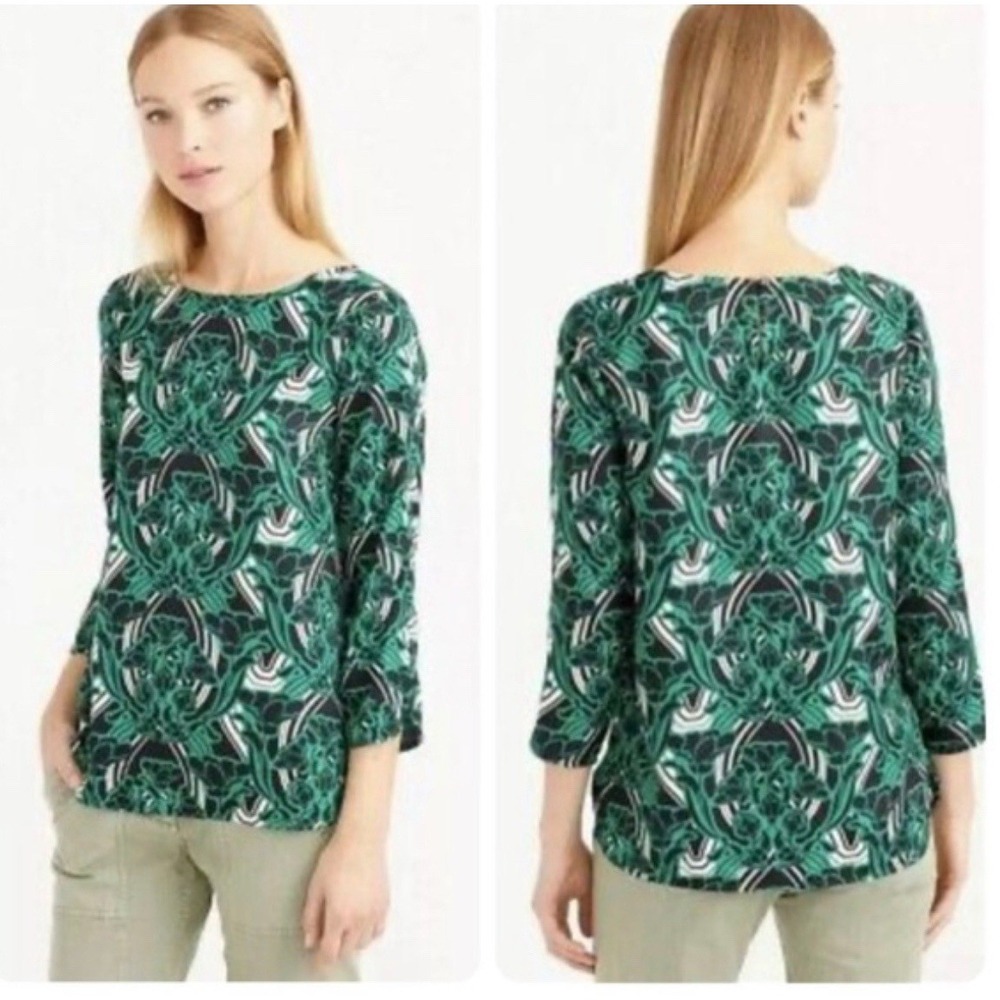 J.Crew Popover Blouse in Retro Floral Print Green Black Blouse 3/4 Sleeve Size 2